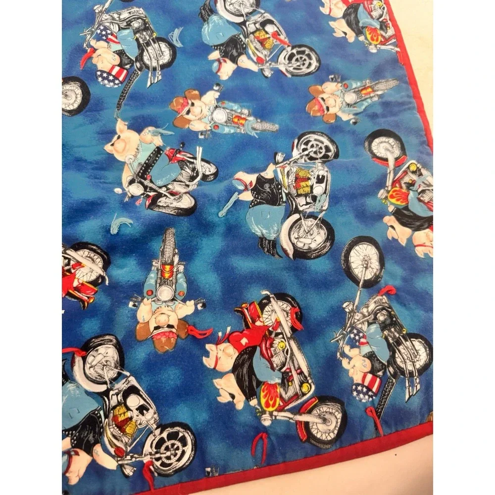 Vintage Handmade Blue Biker Pigs Hogs On Motorcycles Quilt Baby Kids 37x32